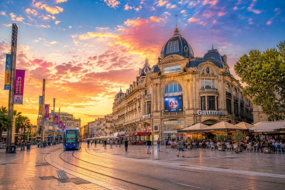 Bâtiment historique au coucher de soleil, tramway et terrasses animées.