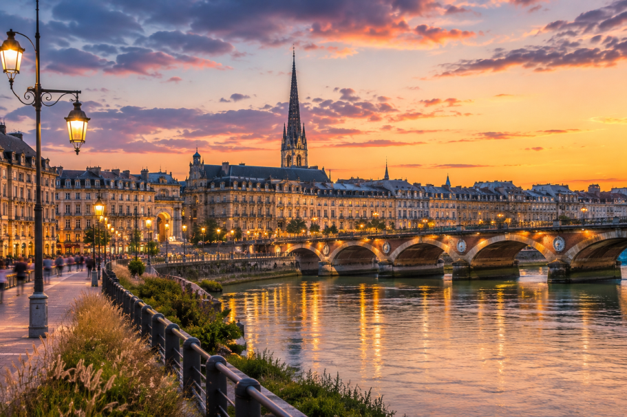 Vue du fleuve avec un pont, des bâtiments historiques et un clocher au coucher de soleil.